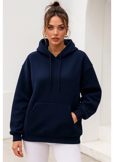 Kadın Lacivert Kanguru Cepli Kapüşonlu Scuba Sweatshirt Lacivert