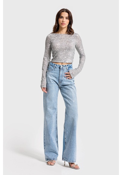 Itsbasic Kadın Kot Rengi Doris T34s527 Parlak Taşlı Tasarım Straight Fit Denim Jean Taşlı Kot Rengi