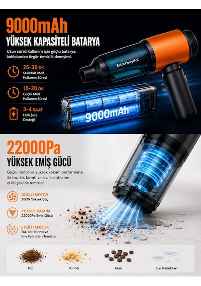22000pa Güçlü Araç İçi Süpürge 9000mah Şarjlı 2 Hepa 1 Metal Filtreli Oto El Süpürgesi Siyah