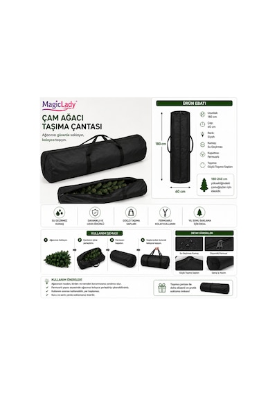 180 X 60 Çam Ağacı Taşıma Ve Saklama Çantası 120x40 Cm Fermuarlı Su Geçirmez Siyah Yılbaşı Ağacı Çantası 180 Cm
