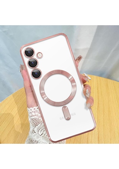 Samsung Galaxy S25 İçin Magsafe İle Uyumlu Kılıf Kamera Lensli Korumalı Şeffaf Silikon Kapak Rose Gold