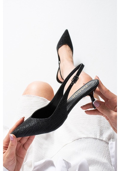Dabab Shoes Aurelıa Kadın Siyah Sivri Burun Slingback 6 Cm İnce Topuk Parlak Simli Abiye Ayakkabı