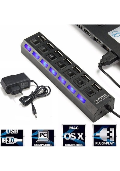 7 Port Usb Hub Çoklayıcı Çoğaltıcı Onoff Düğmeli Işıklı Adaptörlü (491032895)