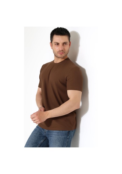 Erkek Fitilli Slim Fit Bisiklet Yaka Düz Renk T-shirt Kahverengi