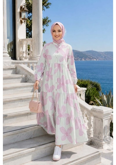 Hb Harma Time Butik Kadın Düğmeli Modal Desenl Pembe Elbise Ekru Ekru