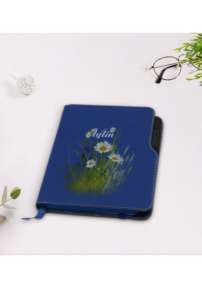 Kişiye Özel Papatya Temalı Lacivert Termo Deri Defter-13