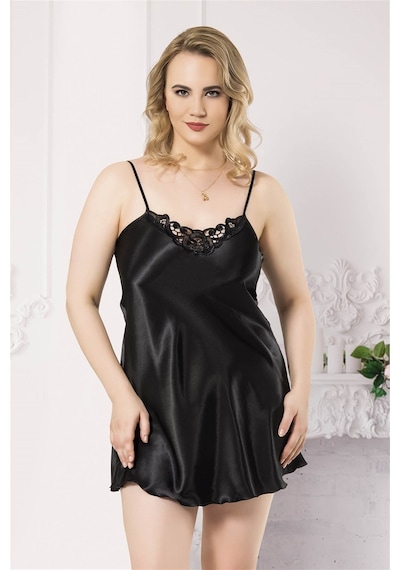 Aria's Closet Şık Tasarım Yumuşak Dokulu Büyük Beden Dantel İşlemeli Siyah Kısa Saten Gecelik
