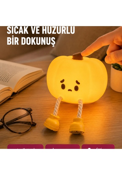 Pumpkin Led Gece Lambası Üç Kademeli Işık Ayarlı Yeni Nesil Renkli