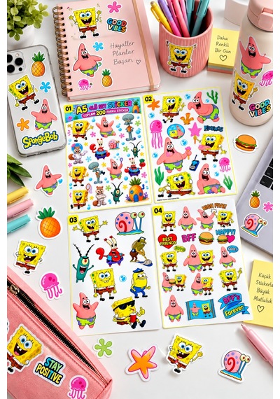 Sünger Bob 4 Lü A5 Set Sticker Çok Renkli