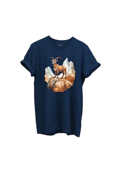 Dağ Keçisi Tasarımlı Avcılık Konseptli %100 Pamuk Regular Fit Bisiklet Yaka Unisex T-shirt Lacivert