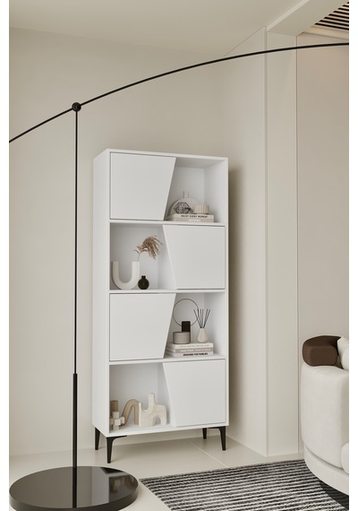 Roma Kitaplık 175 Cm - Vitrin - Gümüşlük 100% Mdf Metal Ayak Beyaz