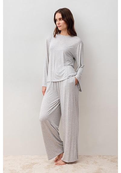 Uzun Kollu Oversize Basic Likralı Viskoz Alt Üst Takım 20210 Gri