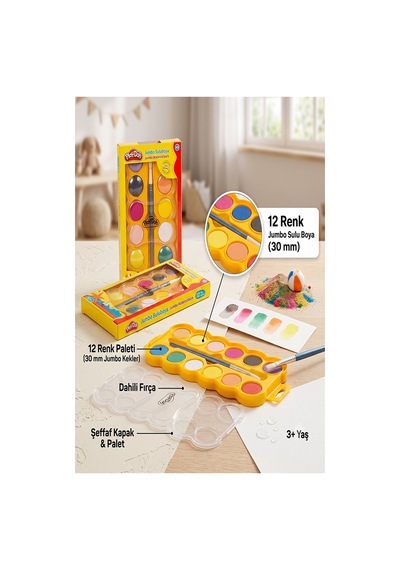 8 Renk Jumbo Sulu Boya 1 Paket Play-doh 8 Li Suluboya Fırça Hediyeli Canlı Renkler Kaliteli Yıkanabilir Zararsız Büyük Çok Renkli