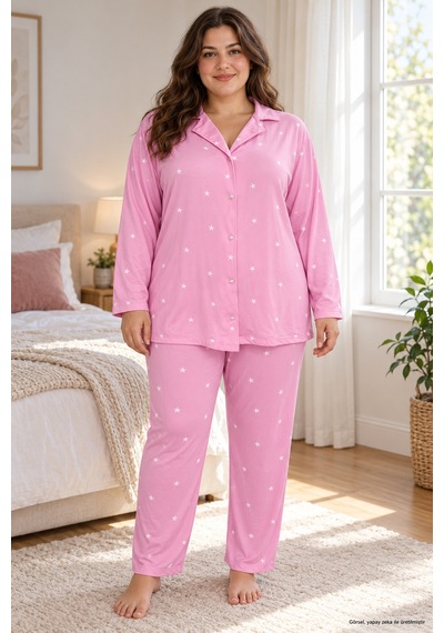 Seboteks Milan Kumaş Önden Düğmeli Uzun Kollu Büyük Beden Kadın Pijama Takımı 3499 Pembe