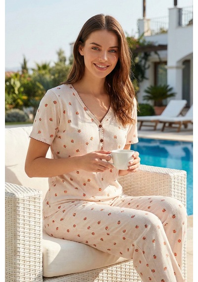 Remsa Kadın Şeftali Desenli Pamuklu Kısa Kol Pointelle Kumaş Pijama Takımı 70755-3192 Ekru