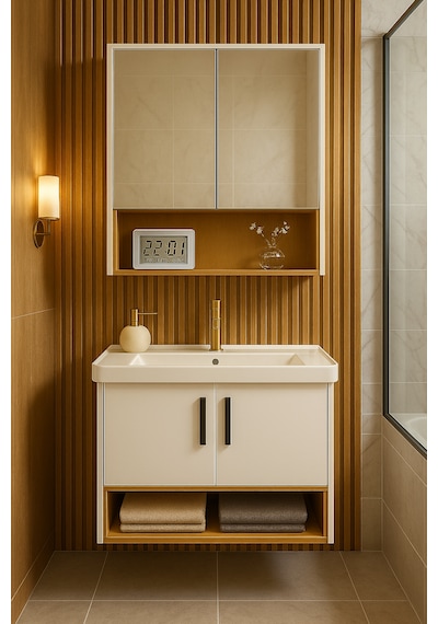 Legna 80 Cm Beyaz & Ahşap Banyo Dolabı Takımı Seramik Lavabolu