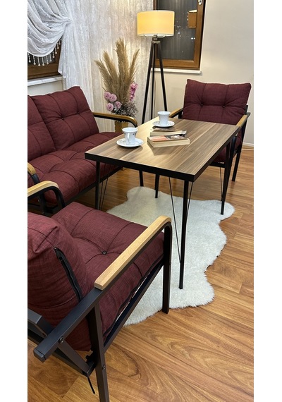 Modern Van Balkon, Bahçe, Cafe - Metal Kanepe Koltuk Takımı - 2+1+1 + Masa Bordo Modernb1 Bordo