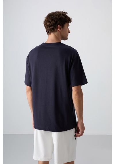 Tommy Life Lacivert Pamuklu Kalın Yumuşak Dokulu Oversize Fit Baskılı Erkek T-shirt - 88331 Lacivert