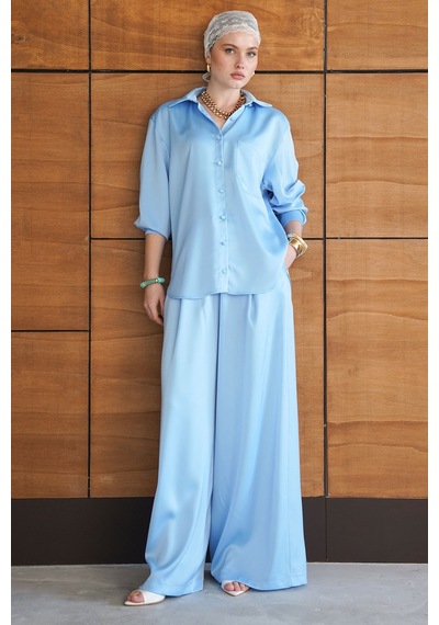 Verymoda Yüksek Bel Bol Paça Saten Pantolon Şık Ve Rahat Tasarım F2052 Mavi