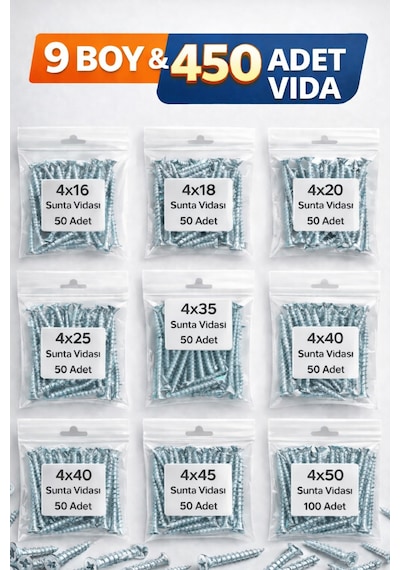 Ağaç Ve Sunta Vidası Seti 450 Adet 9 Boy Dayanıklı Çelik Vida Seti 1
