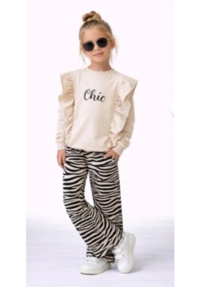 Kız Çocuk "stay Chic" Fırfırlı Sweatshirt Ve Zebra Desenli Takım 50041- Krem