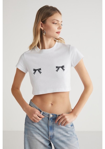 Ethıquet  Krım Kadın Kurdele Baskı Detaylı %100 Organik Pamuklu Bisiklet Yaka Crop Beyaz T-shirt
