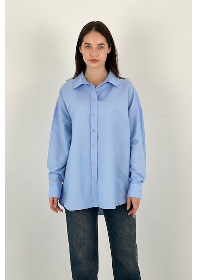Miss Poem Kadın Polo Yaka Basic Oversize Uzun Kollu Pembe Gömlek Mavi