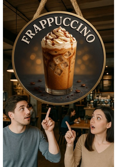Frappuccino Temalı Yuvarlak Cafe Tabelası, Jüt İpli Ahşap Duvar & Kapı Dekoru, Barista Tarzı Süs