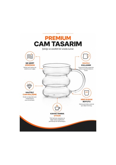 Kahve Yanı Şerit Cam Bardak Kulplu Mini Su Bardağı 6'lı Sunum Seti Şeffaf