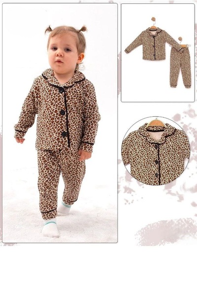 Dolaş Kids Anne Ve Kız Çocuk Ve Bebek Leopar Desenli Boydan Düğmeli Pijama Takımı Kahverengi