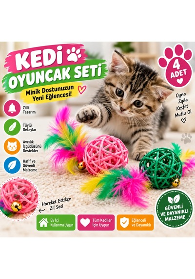 Tüylü Kedi Oyuncağı Seti Zilli Ve Hasır Toplu 4 Lü Kedi Oyun Seti