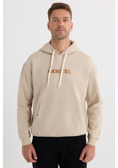 Tudors Erkek Oversize Geniş Kesim Pamuklu Baskılı Bej Kapüşonlu Sweatshirt-37296 Bej