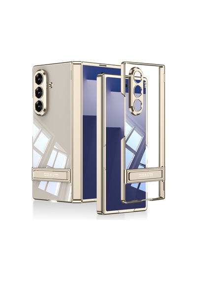 Galaxy Uyumlu Z Fold 7 Kılıf Kamera Korumalı Şeffaf Tasarımlı Pazarplus Lego Standlı Kılıf Altın