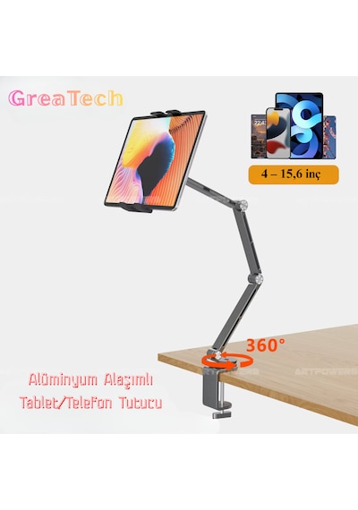Alüminyum Akrobat Tablet & Telefon Tutucu Stand 360 Oynar Başlıklı Ayarlanabilir Uzun Kol