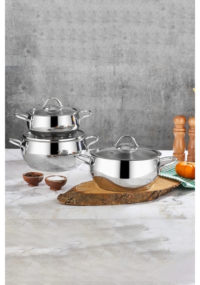 Polochef Pro Line 18/10 Paslanmaz Çelik Tencere Seti Kapaklı 6 Parça Silver 16-18-20 Cm Gümüş