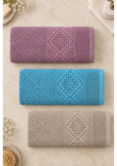 Elmas Motifli El Yüz Havlusu 50x90 Cm 3 Lü Set %100 Pamuk - Mauve Lagoon Çok Renkli