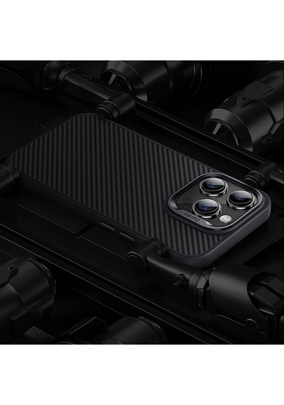 Apple Uyumlu iPhone 14 Pro Kılıf Karbon Fiber Magsafe Özellikli Benks Hybrid Armorpro 600d Kevlar Siyah