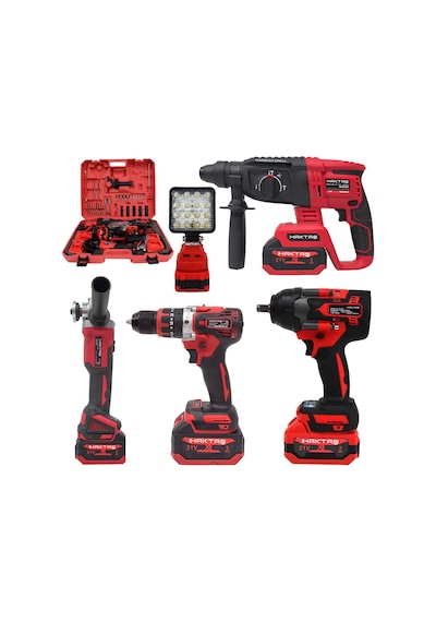 Haktaş Hkt507 Yeni Nesil Kırmızı Işıklı 5li Kömürsüz Akülü Makine Seti 21v 3ah Kırıcı Delici Matkap, 800nm Somun Sıkma, Vidalama, Led Işık, Avuç Taşlama