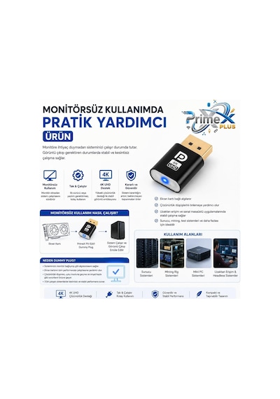 Primex Px-5261 Displayport 4k Uhd Display Dummy Plug, Dp Sanal Monitör Adaptörü, Ekran Kartı Emülatörü, Headless Display Emulator, Bitcoin Mining Ve Uzaktan Erişim İçin