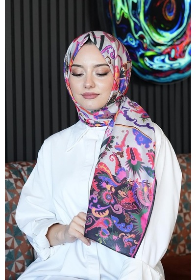 Çiçek Desen Krem Soft Pamuk Şal Violet Çok Renkli