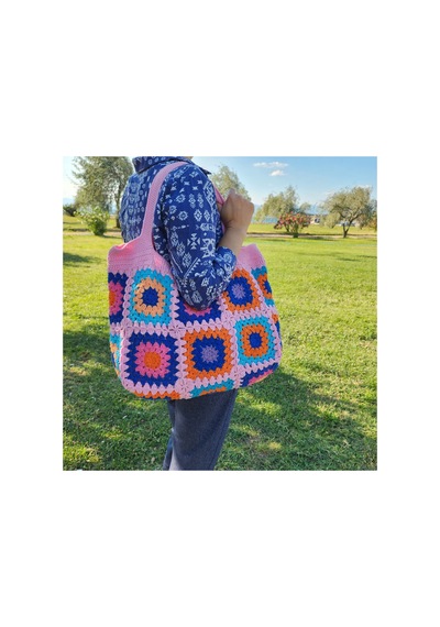 Almin Canlı Renkli Kare Motifli Tığ İşi Örgü Omuz Çantası Pembe Pembe