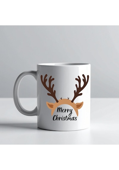 Merry Christmas Geyik Boynuzu Tasarımlı Kupa Model 235 Yılbaşı Temalı Seramik Kahve Kupası Diğer