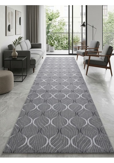 Geometrik Damla Desenli Gri Koridor Yolluğu Kaymaz Taban Yıkanabilir Salon Mutfak Halısı