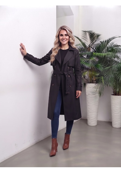 B.he.z Kadın Trend Diz Altı Bondik Su İtici Kumaş Astarlı Düğmeli Kuşaklı Trençkot Siyah