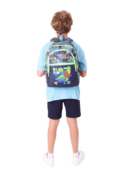 Kauıkko Kids Siyah Yeşil Dinazor Baskılı Erkek Çocuk Okul Çantası - L5266 - Dört Gözlü Siyah - Yeşil