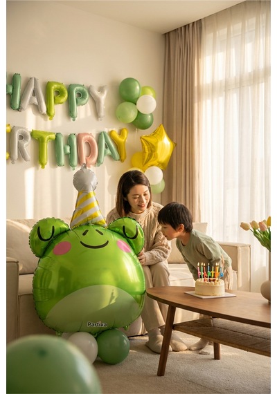 Şapkalı Safari Kurbağa Kafa Folyo Balon 73x52 Cm Safari Temalı Çocuk Doğum Günü Parti Süsü Çok Renkli
