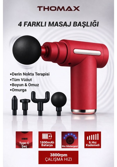 Thomax Profesyonel Şarjlı Darbeli Masaj Tabancası Masaj Aleti 4 Başlıklı 6 Kademe Tüm Vücut Kırmızı