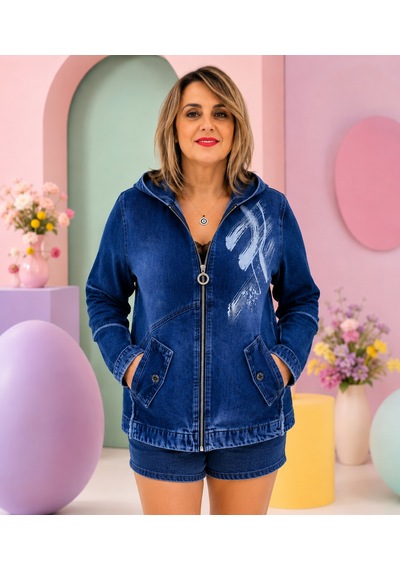 Büyük Beden Kapüşonlu Fermuarlı Baskılı Yan Cepli Denim Kadın Ceket Mavi