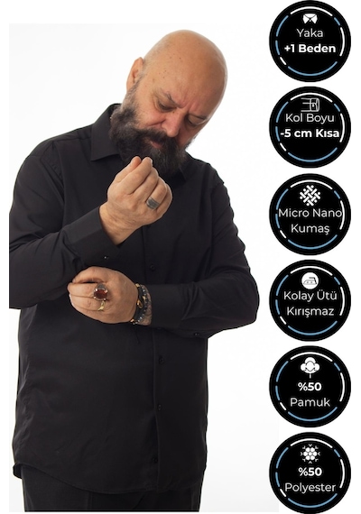 Dicotto Siyah Ekstra Büyük Yaka 4 Drop Rahat Kesim Micro Kumaş Kol Düğmeli Regular Fit Erkek Gömlek - 189-6-dc24w 001