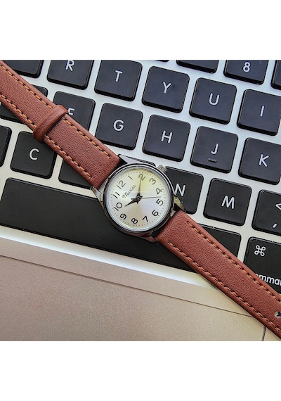 Retro Kadın Kol Saati, Vintage Tasarım, Klasik Tasarım, Siyah Kasa, Minimal Tasarım, Kayışlı Açık Kahverengi Altın